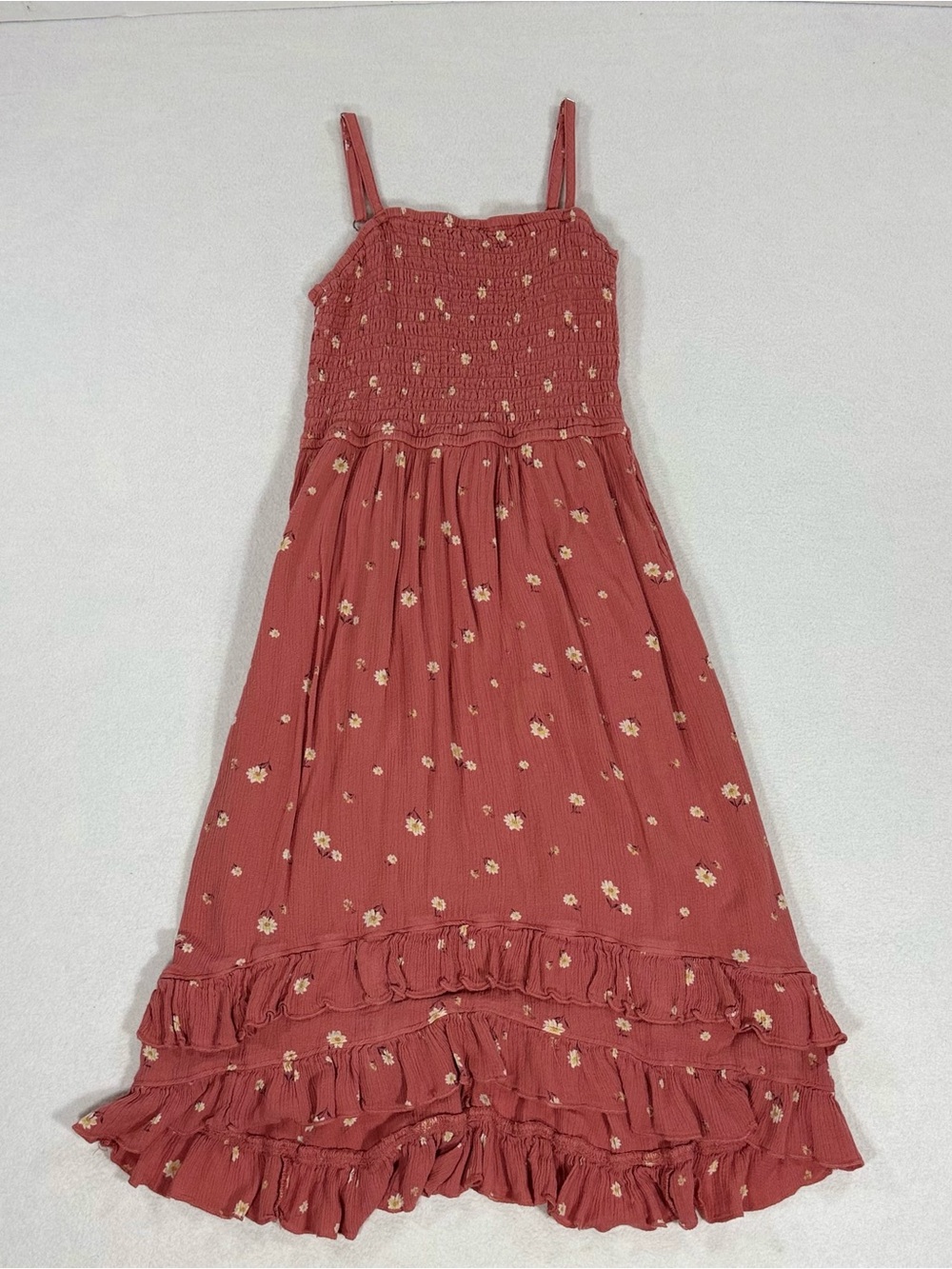 Abercrombie Kids Girls' Pink Floral Smocked Ruffle Strappy Midi Sundress 11/12
